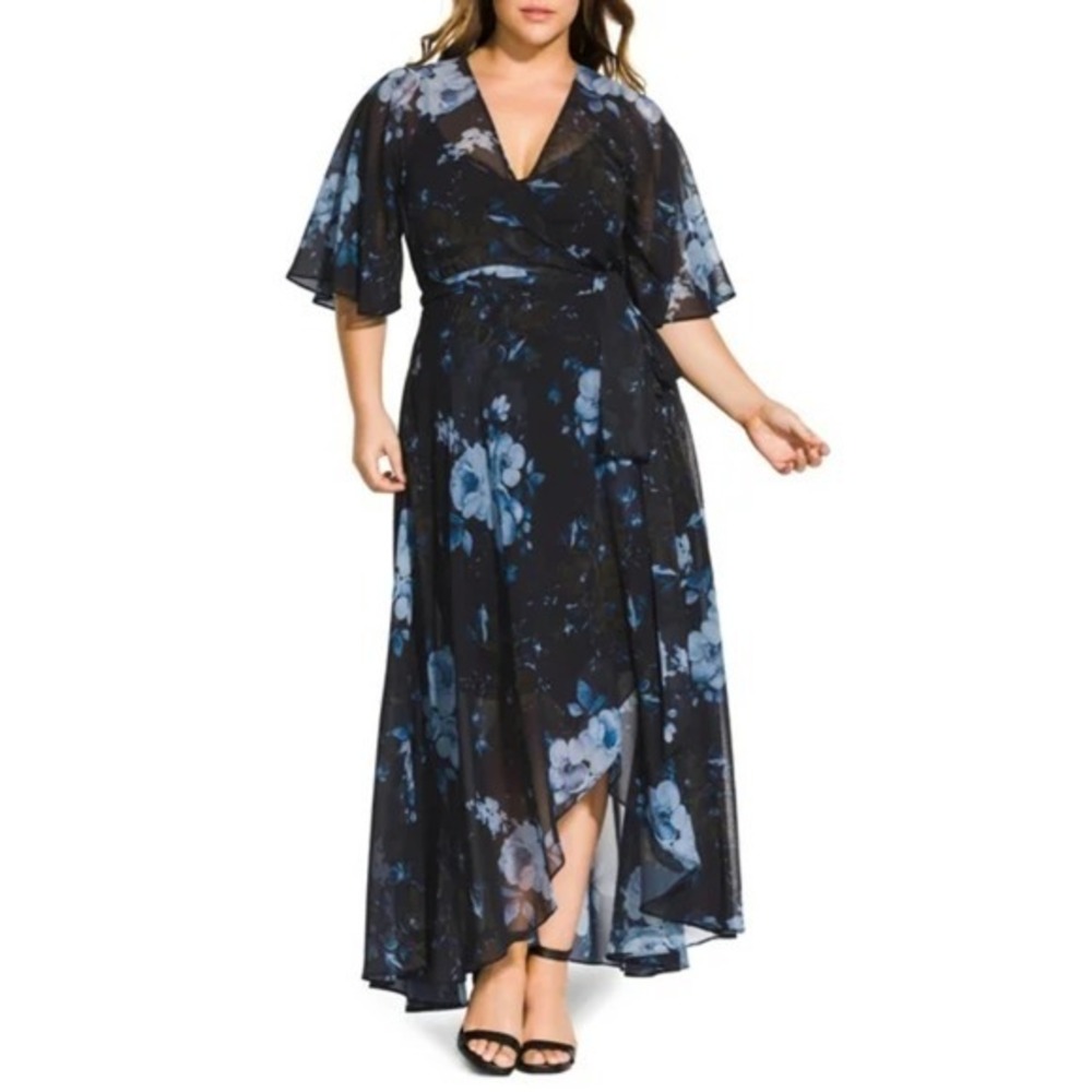 City Chic Bonsai Wrap Maxi Dress XL 22 elbow length Sleeve Lined Floral dress